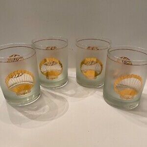 4 Culver Vintage Gold Detailed Shell Low Ball Bar Drinking Glasses.